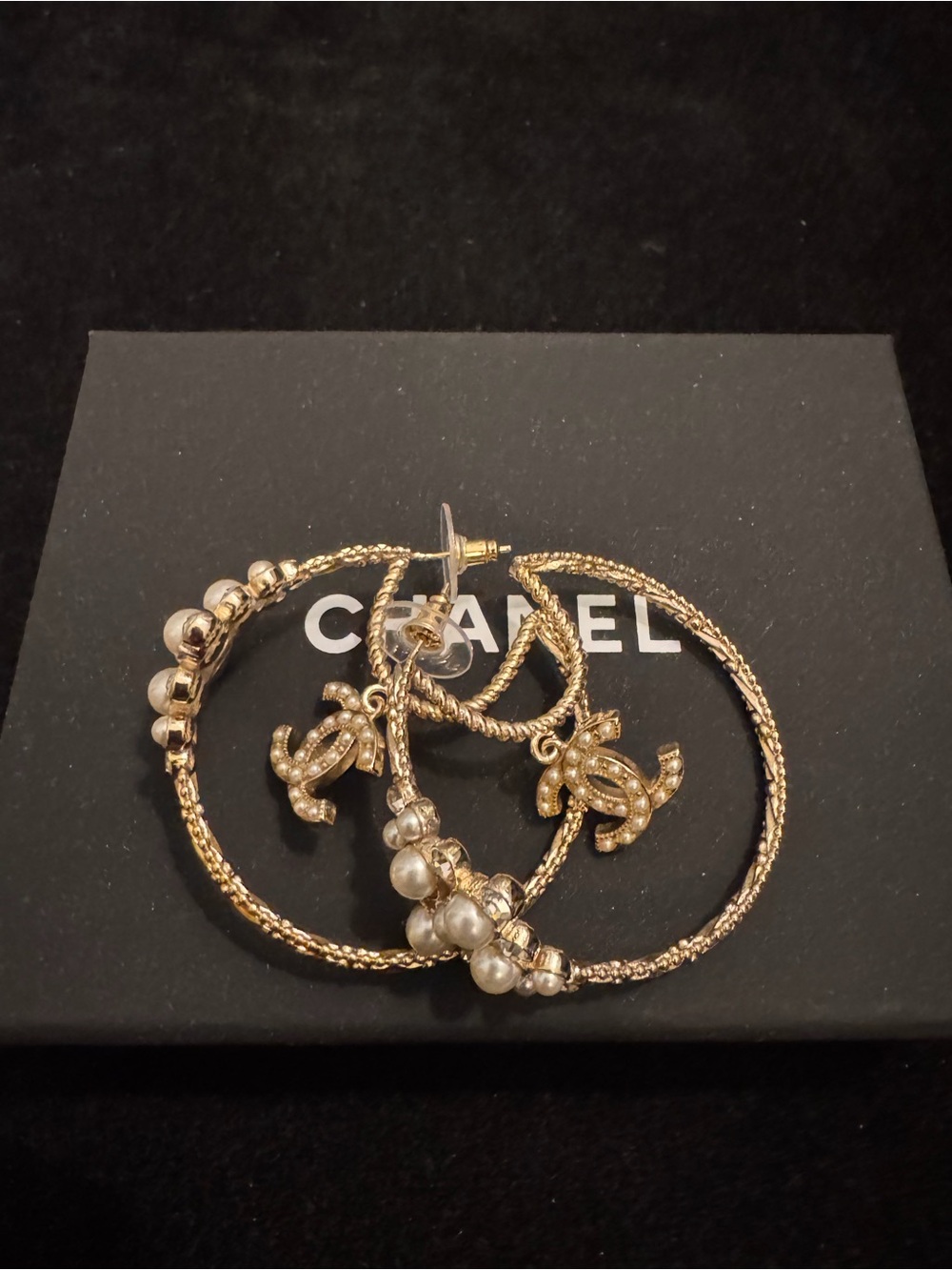 CHANEL Gold-Tone Hoop Earrings with Pearl and CC Charms